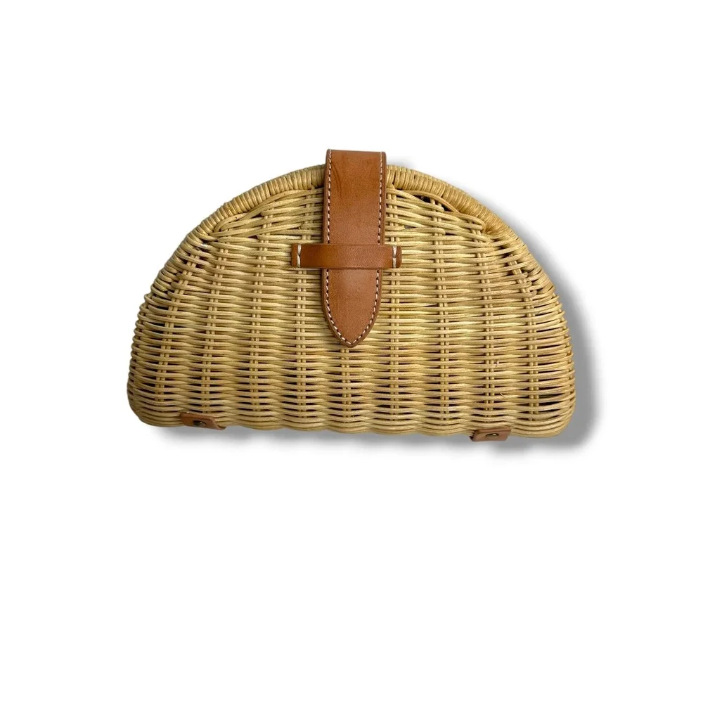 J.Crew Clutch Women OS Tan Woven Fan Rattan Leather Trim Half Moon